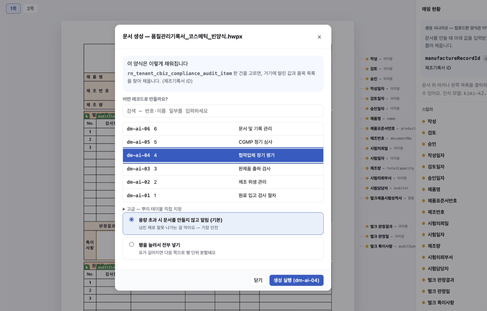 문서 생성 창 — 레코드 목록에서 dm-ai-04 를 고르고 넘침 처리 방식을 정한다